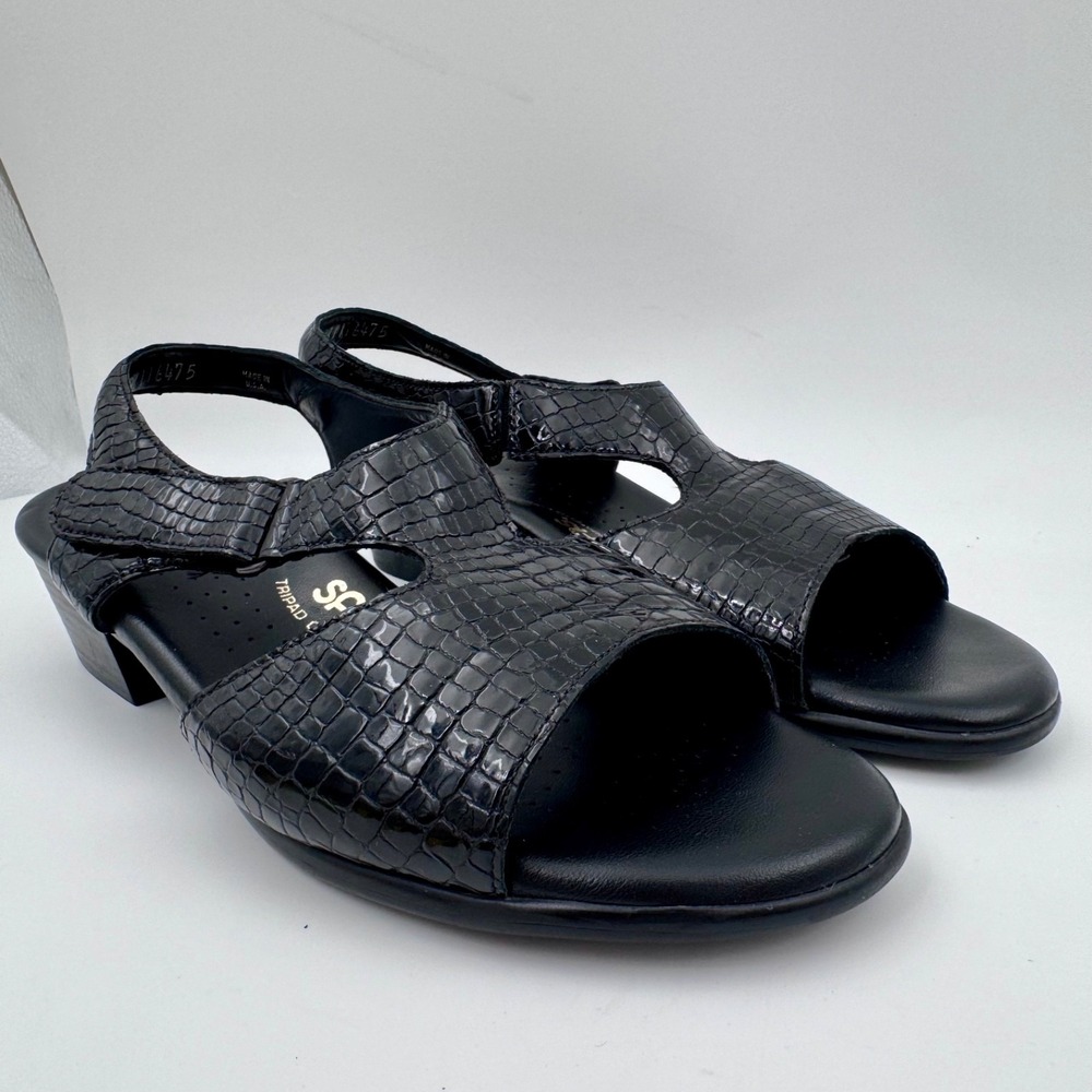 SAS Tripad Comfort Black Croc Embossed Patent Leather Sandals Womens 8.5 WW USA